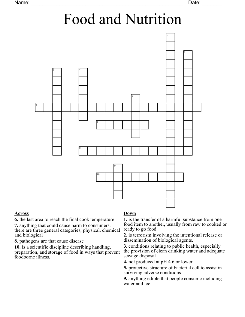 Food and Nutrition  Crossword