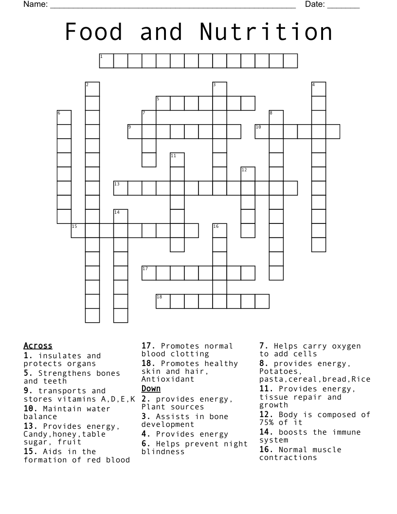 Food and Nutrition  Crossword