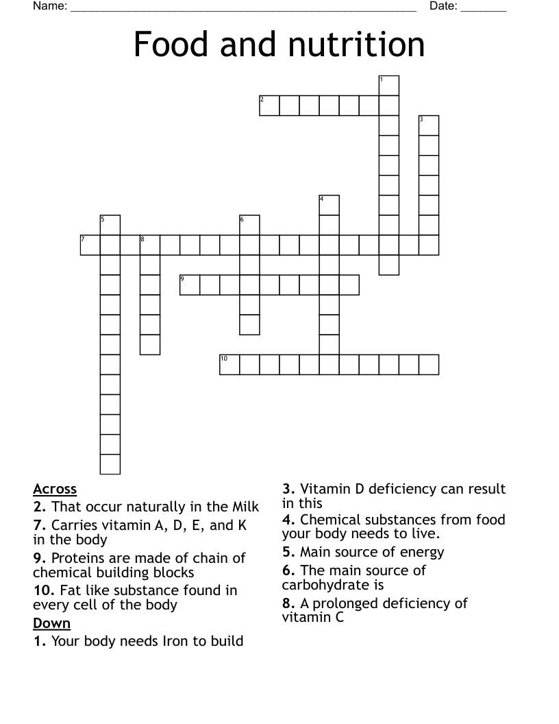 Food and nutrition Crossword