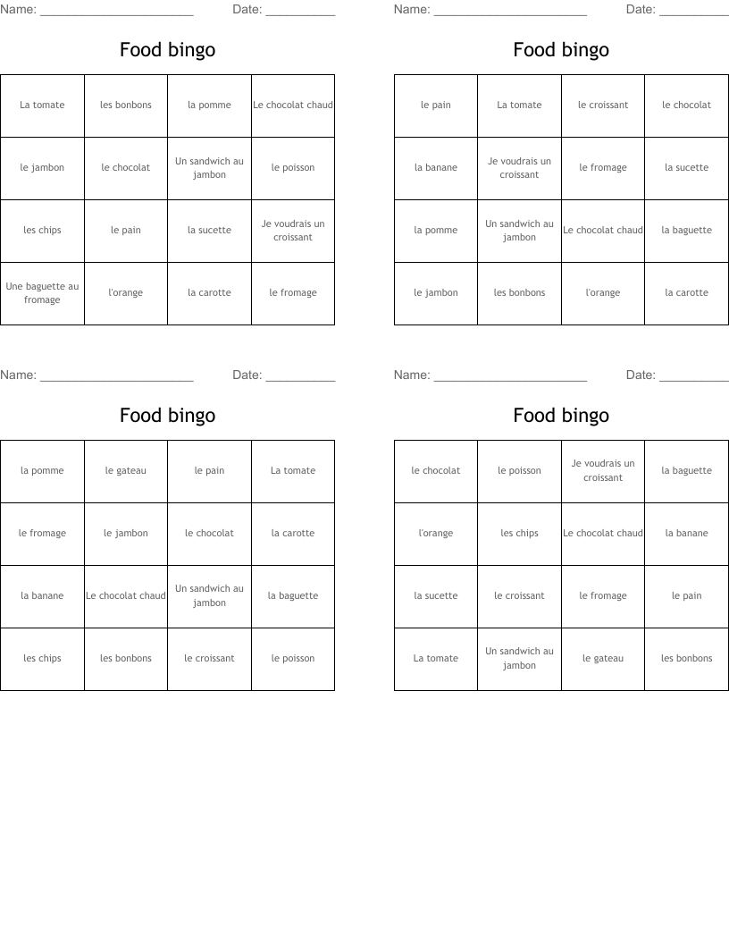 Food bingo 