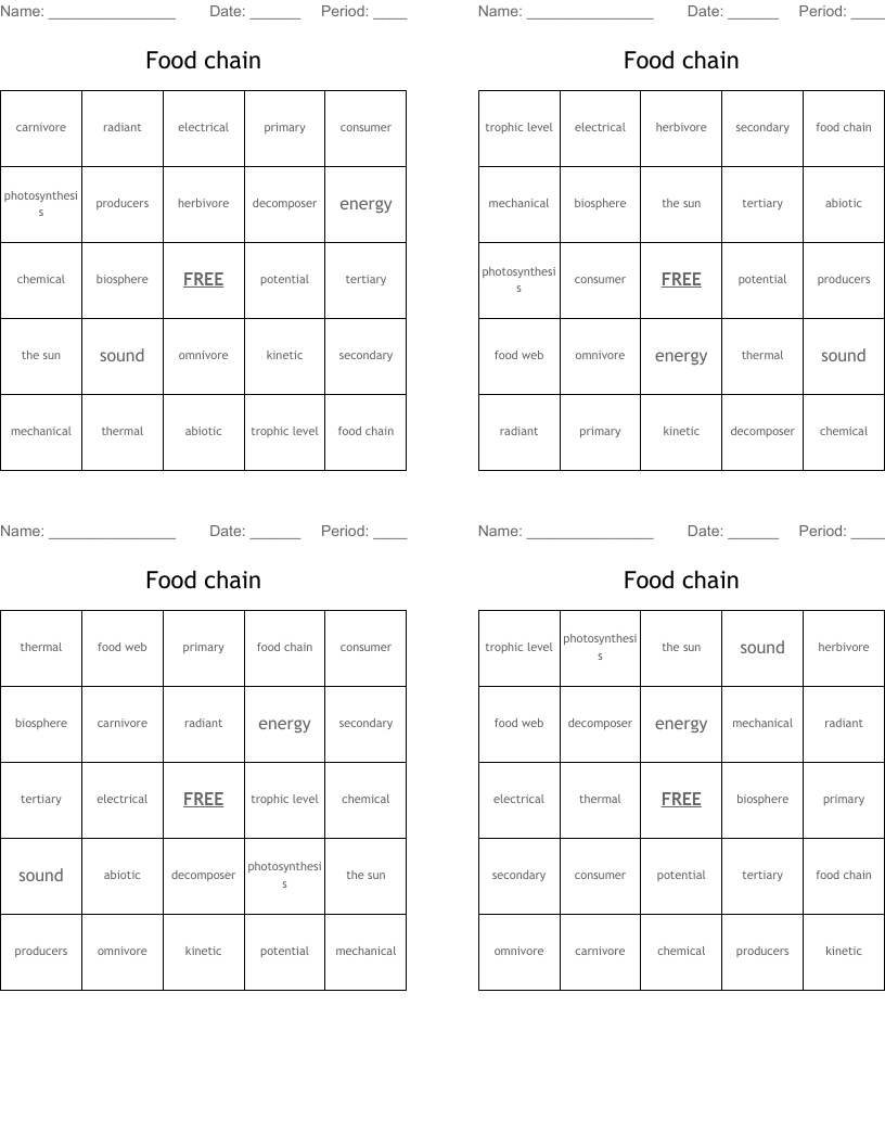 Food chain Bingo Cards