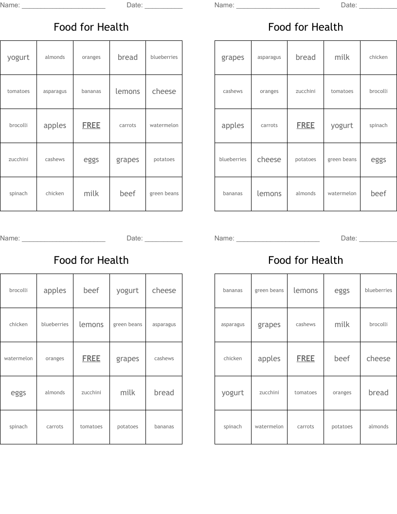 Food for Health Bingo Cards