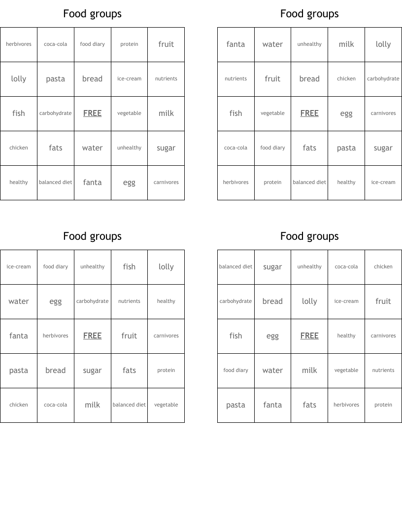 Food groups Bingo Cards