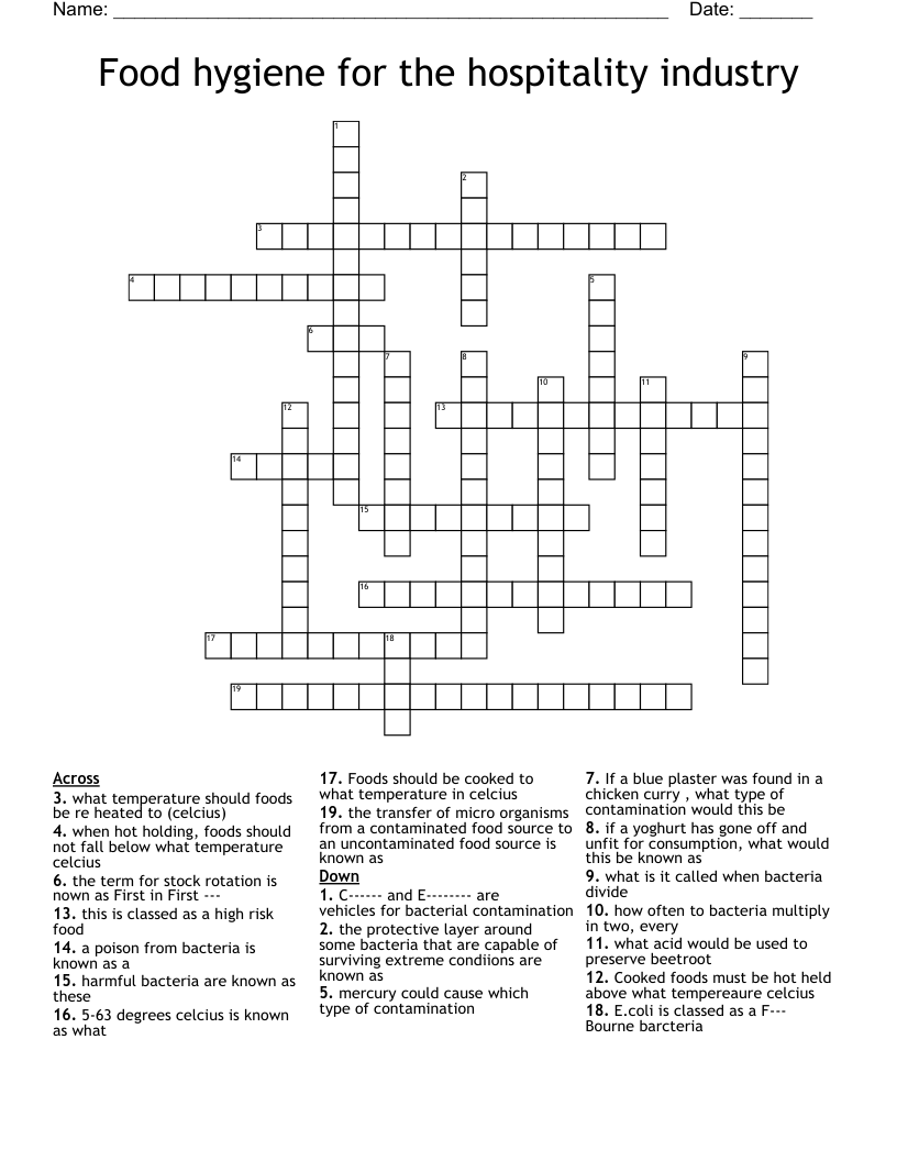 Food hygiene for the hospitality industry  Crossword