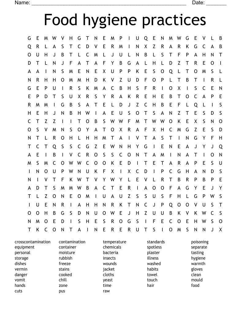 Food hygiene practices Word Search