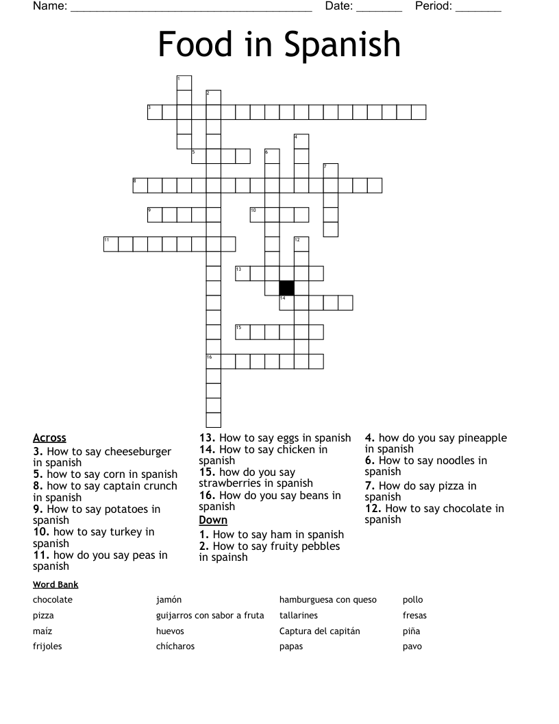 Food in Spanish  Crossword