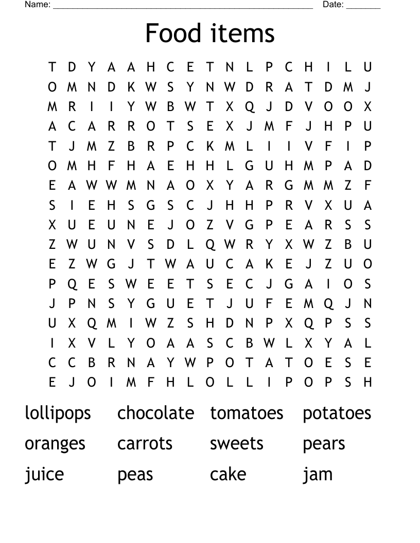 Food items Word Search