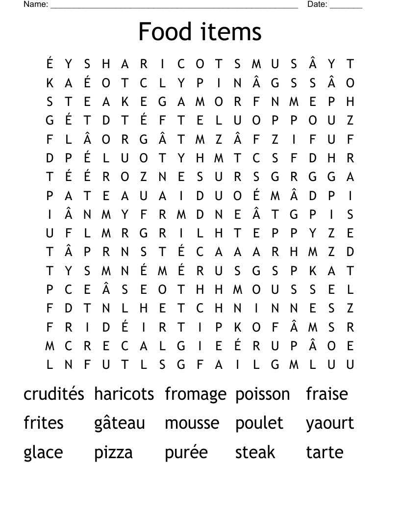 Food items Word Search