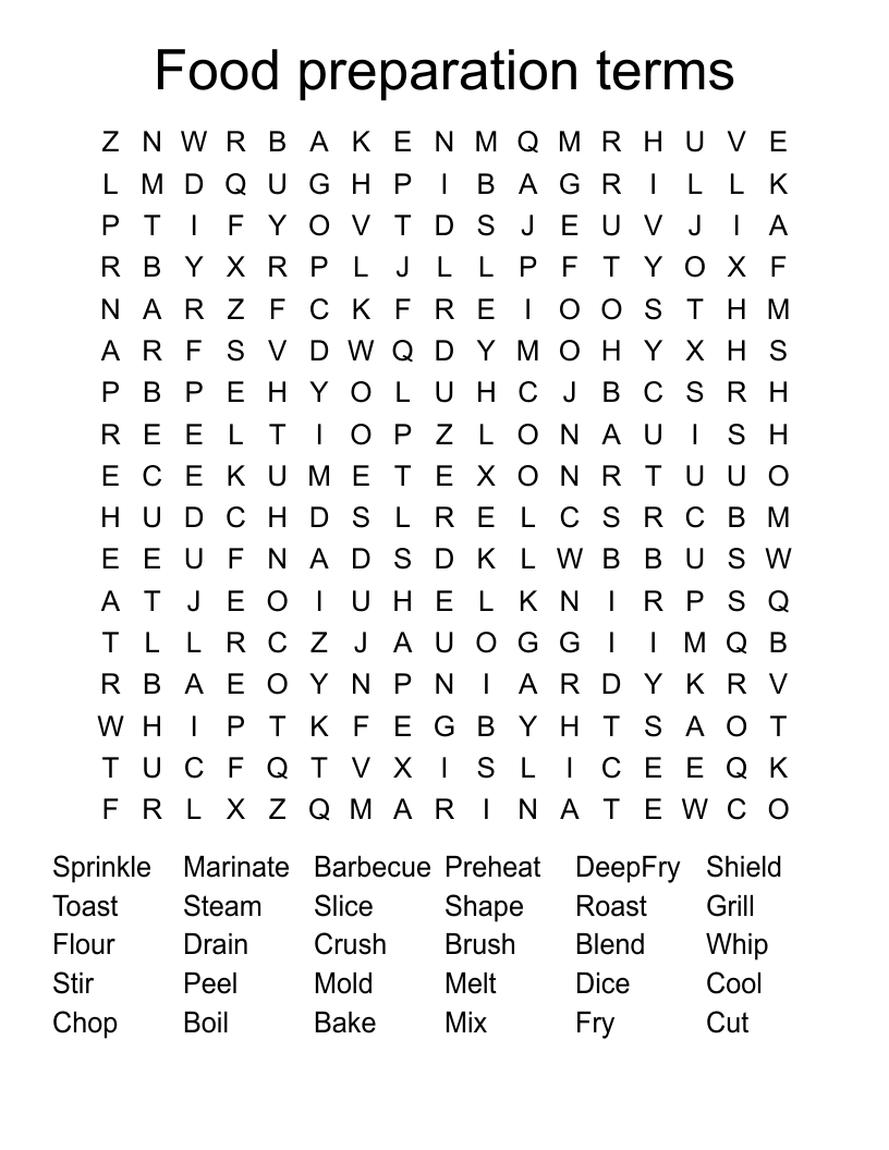 Food preparation terms Word Search