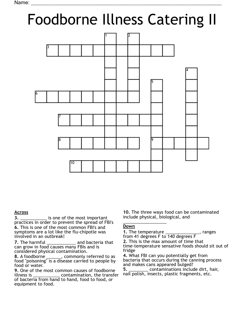 Foodborne Illness Catering II  Crossword