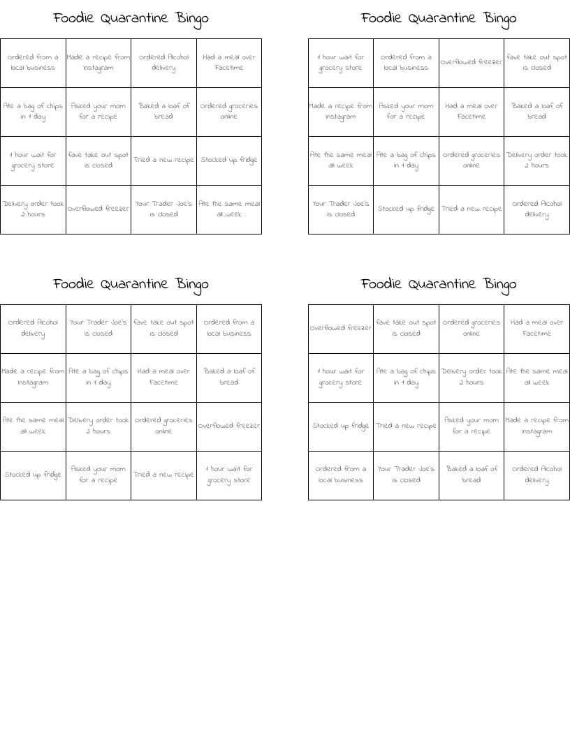 Foodie Quarantine Bingo