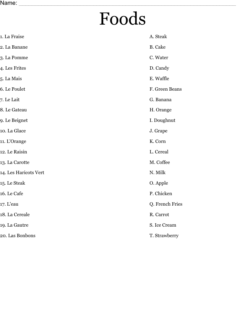 Foods Worksheet