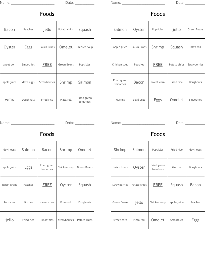 Foods Bingo Cards