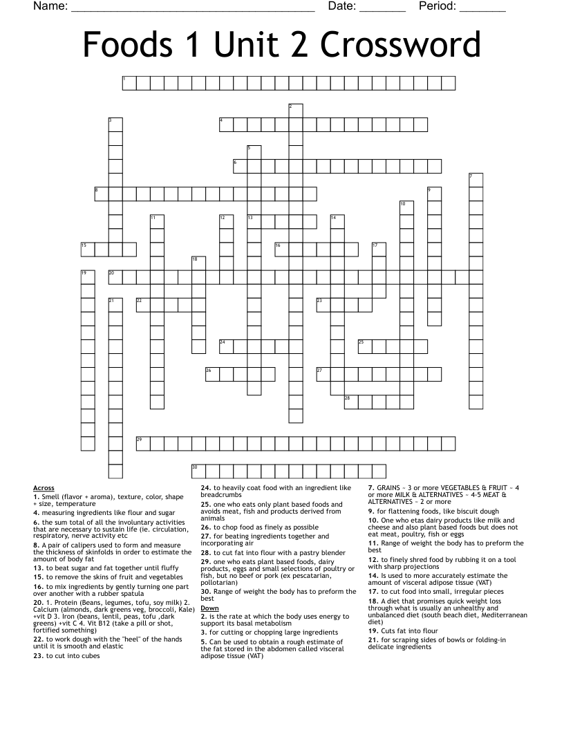 Foods 1 Unit 2 Crossword 