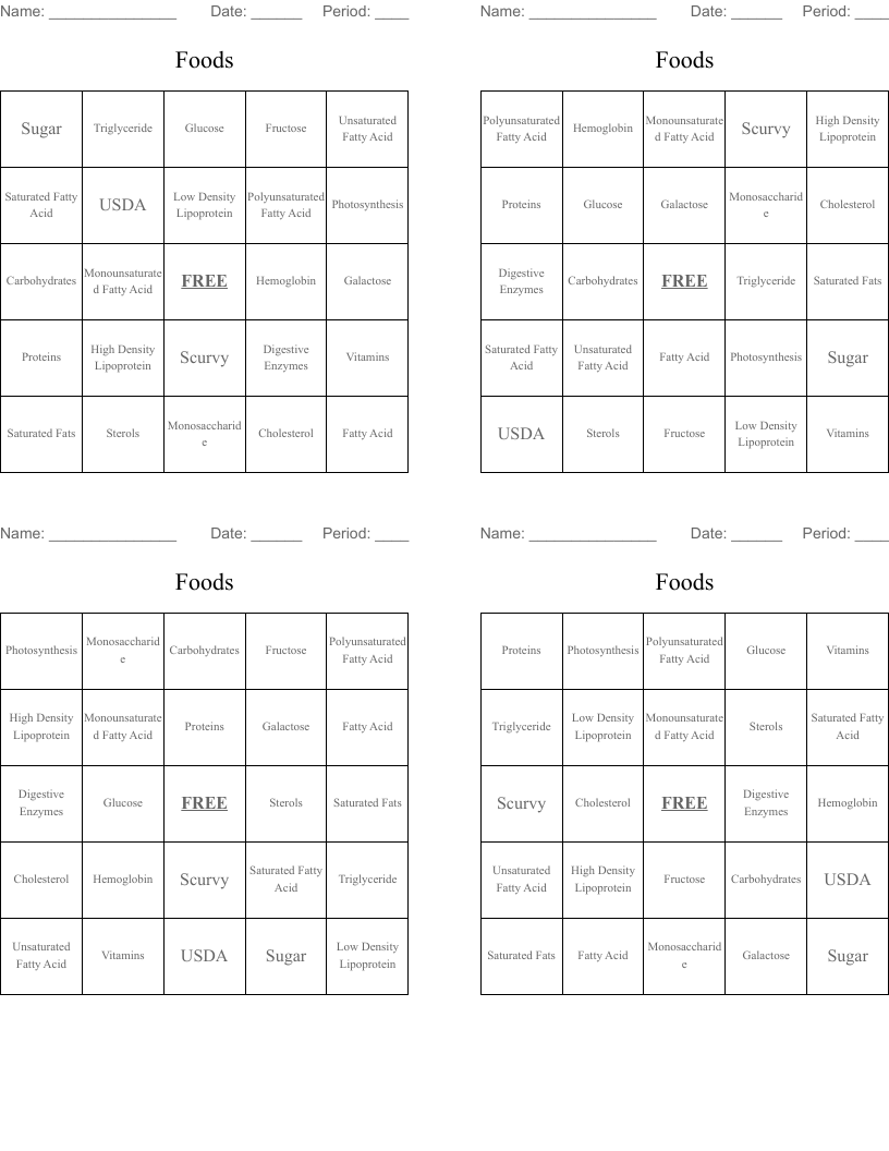 Foods Bingo Cards