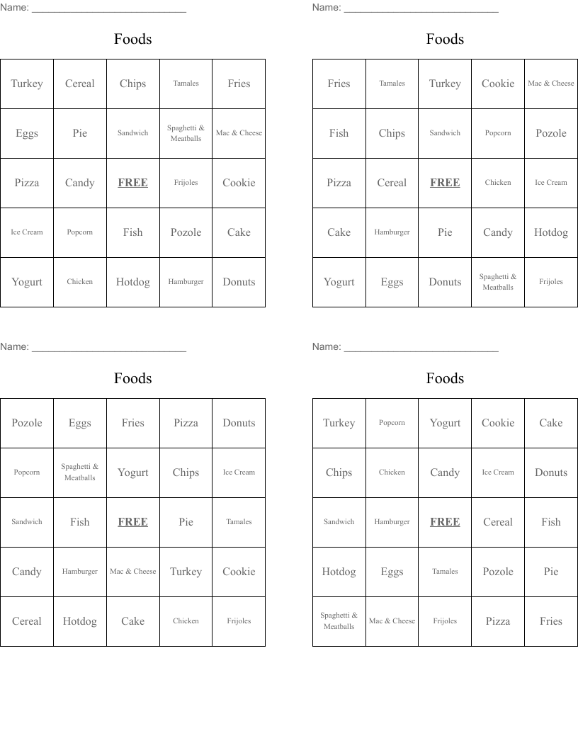 Foods Bingo Cards