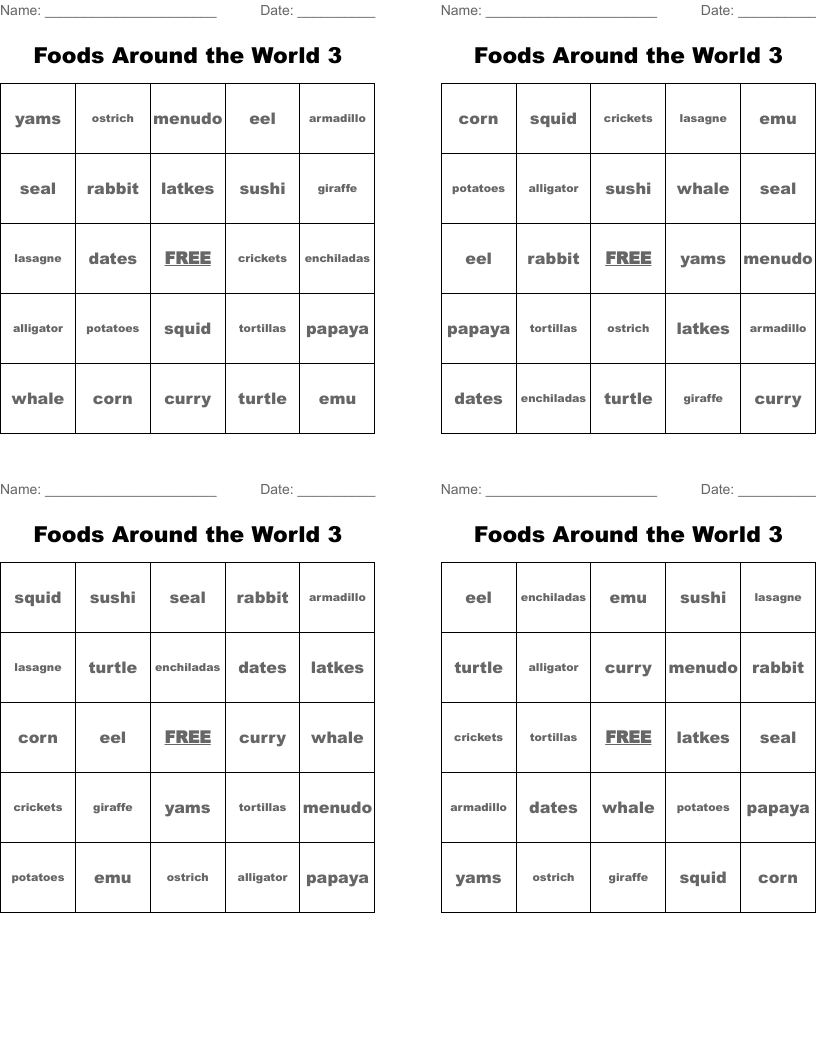 Foods Around the World 3 Bingo Cards