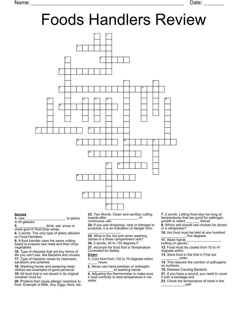 Foods Handlers Review Crossword