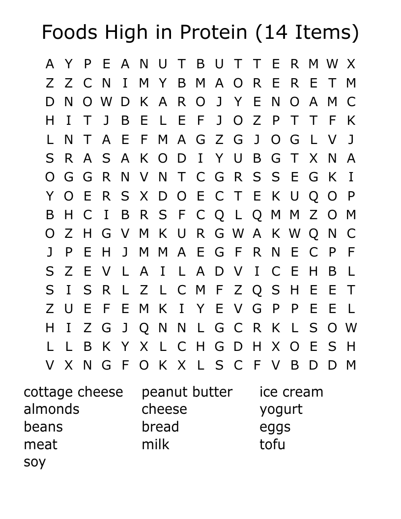 Foods High in Protein (14 Items) Word Search