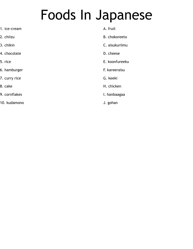 Foods In Japanese Worksheet