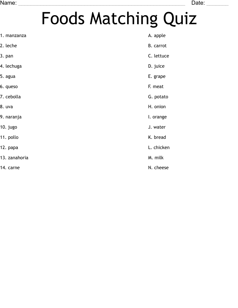 Foods Matching Quiz Worksheet