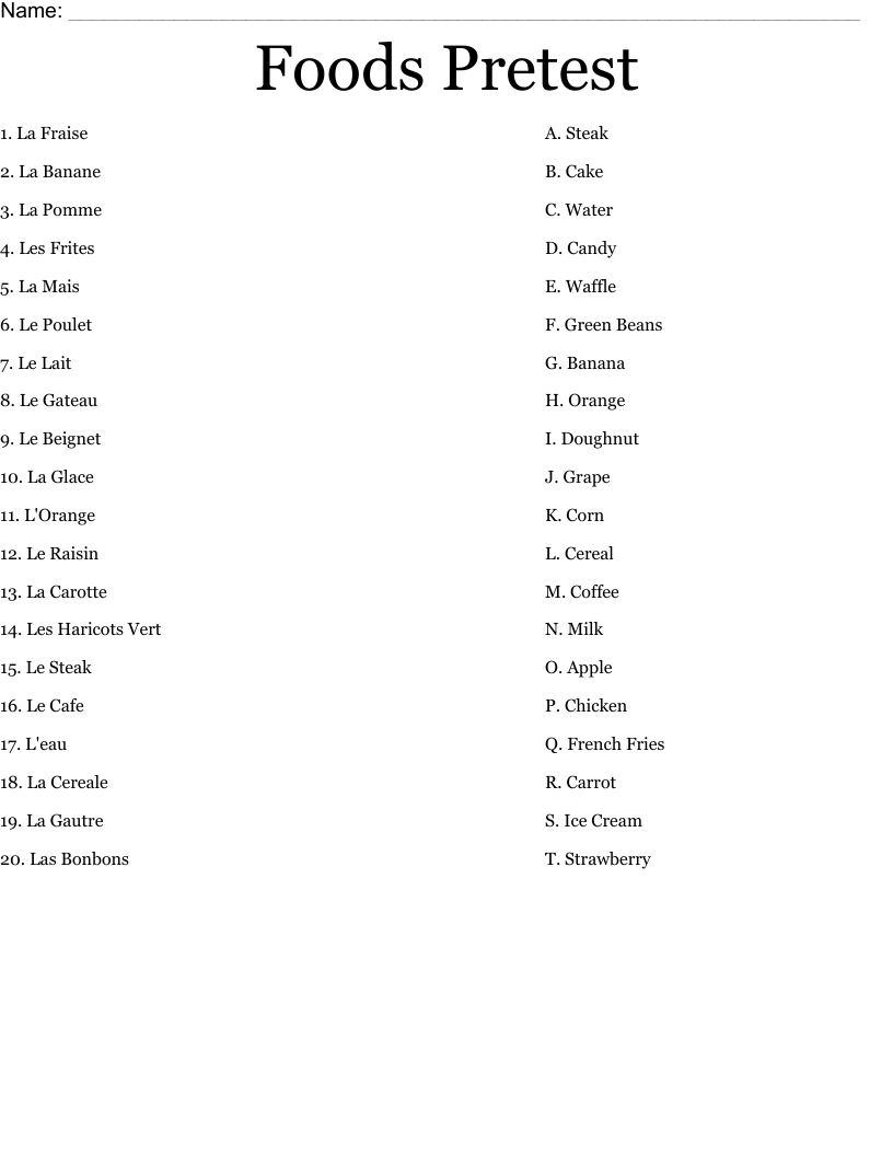 Foods Pretest   Worksheet