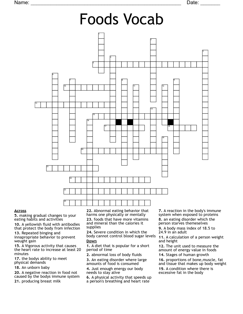 Foods Vocab Crossword