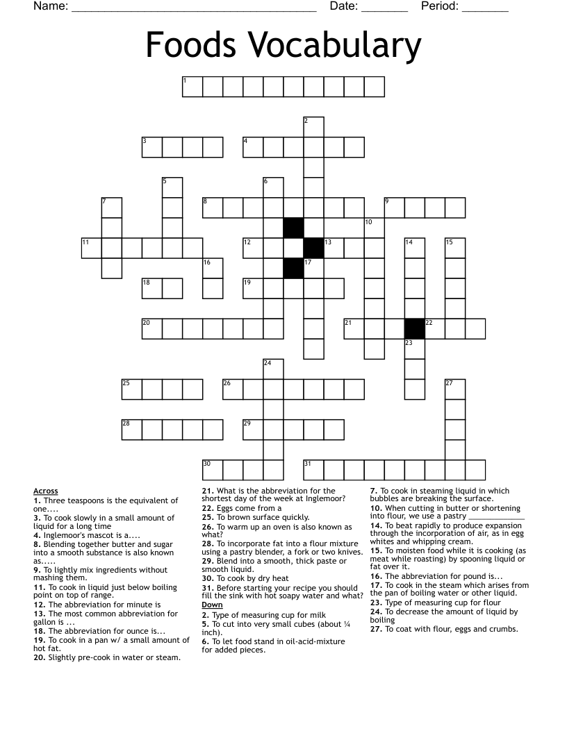 Foods Vocabulary Crossword