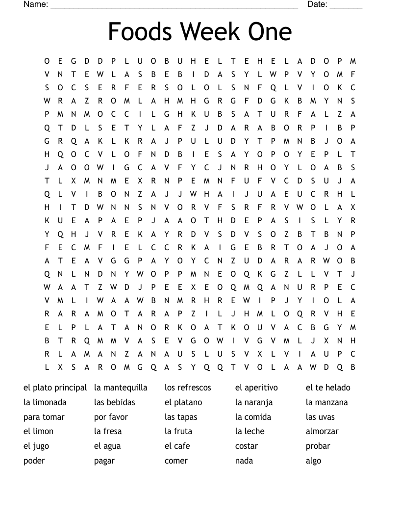 Foods Week One Word Search
