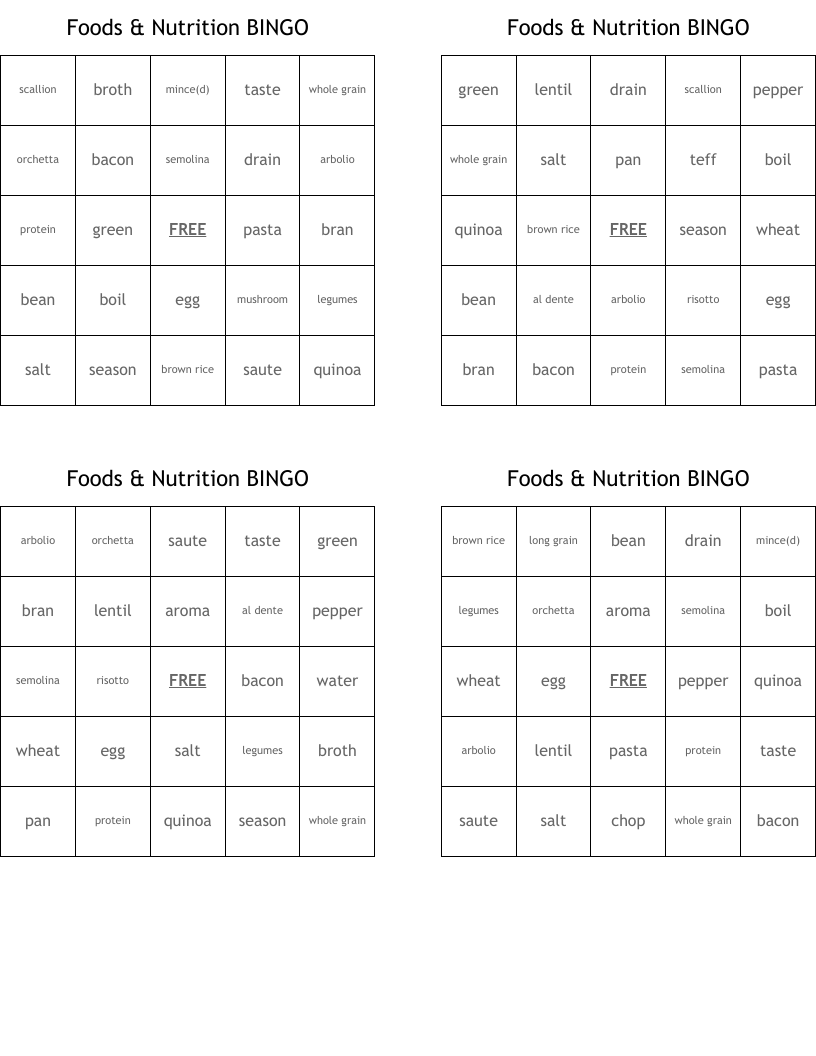 Foods & Nutrition BINGO