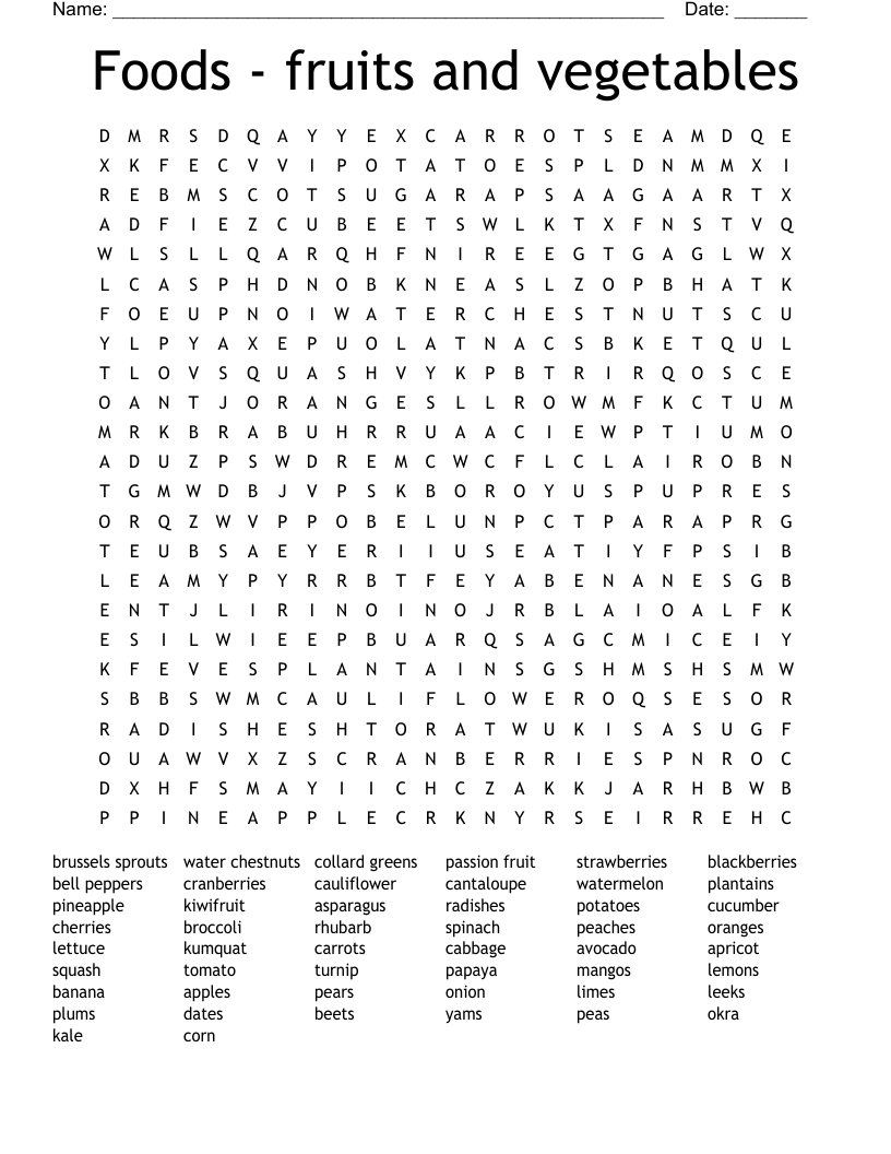 Foods - fruits and vegetables Word Search