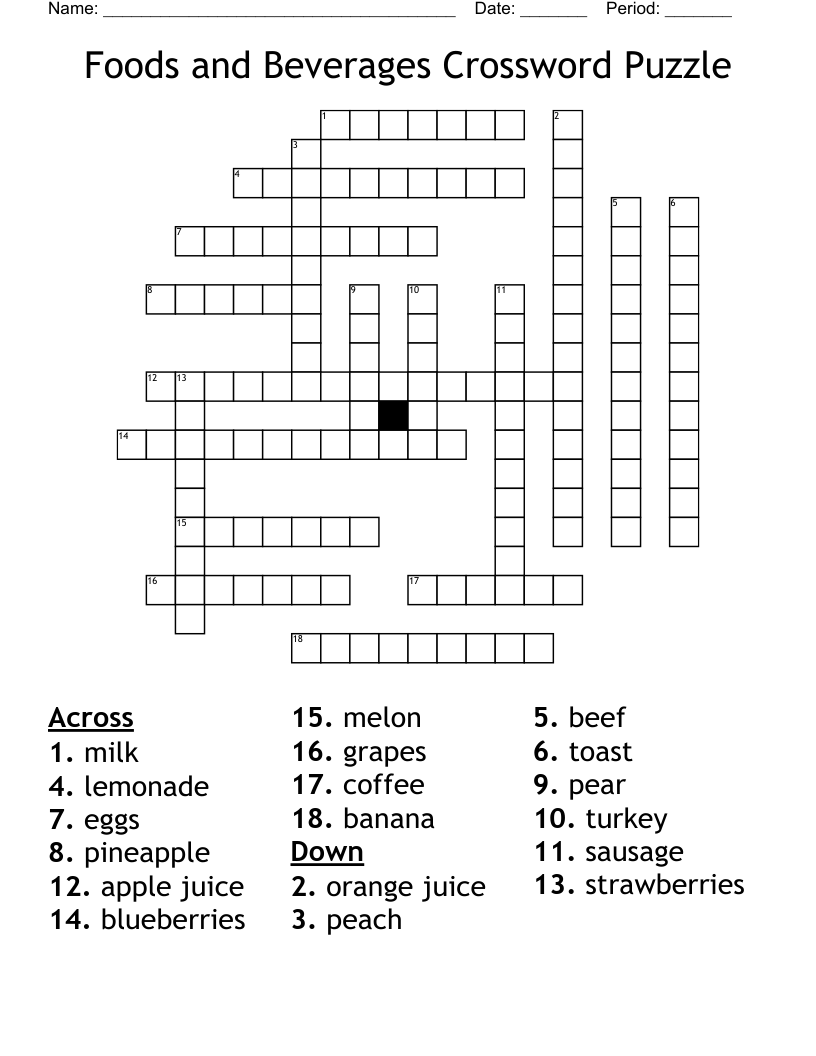Foods and Beverages Crossword Puzzle