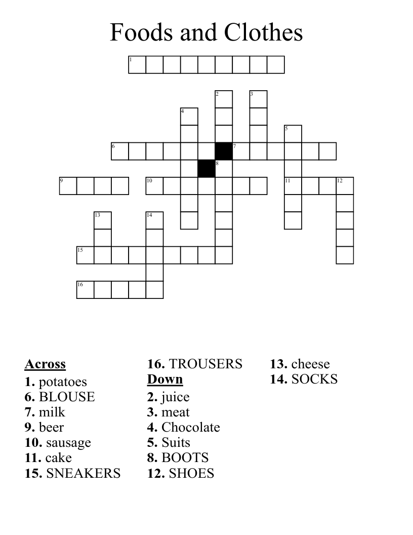 Foods and Clothes Crossword