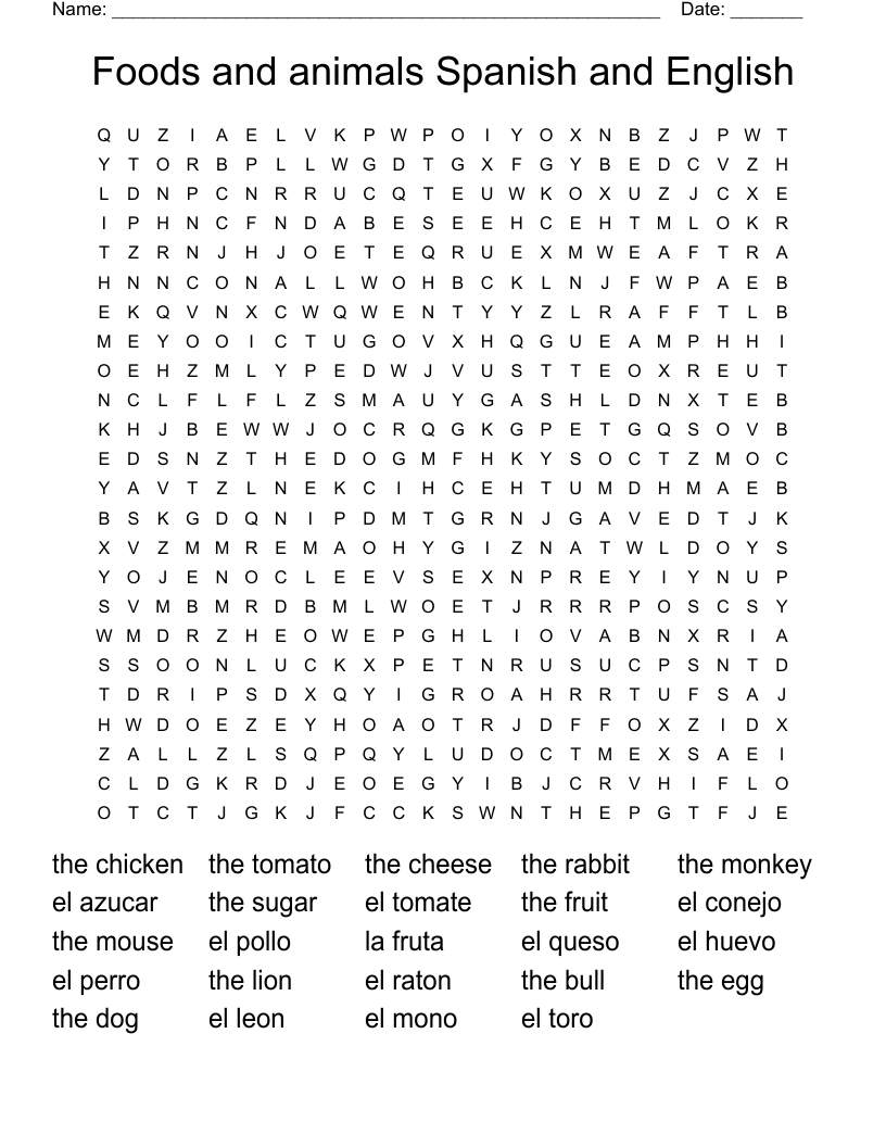 Foods and animals Spanish and English Word Search