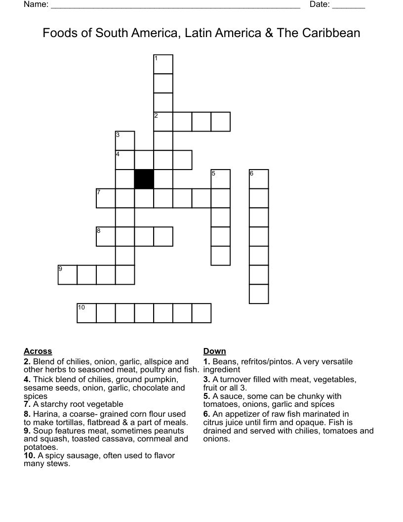 Foods of South America, Latin America & The Caribbean Crossword