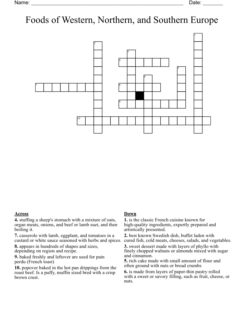 Foods of Western, Northern, and Southern Europe  Crossword