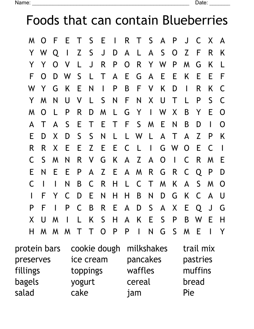 Foods that can contain Blueberries Word Search