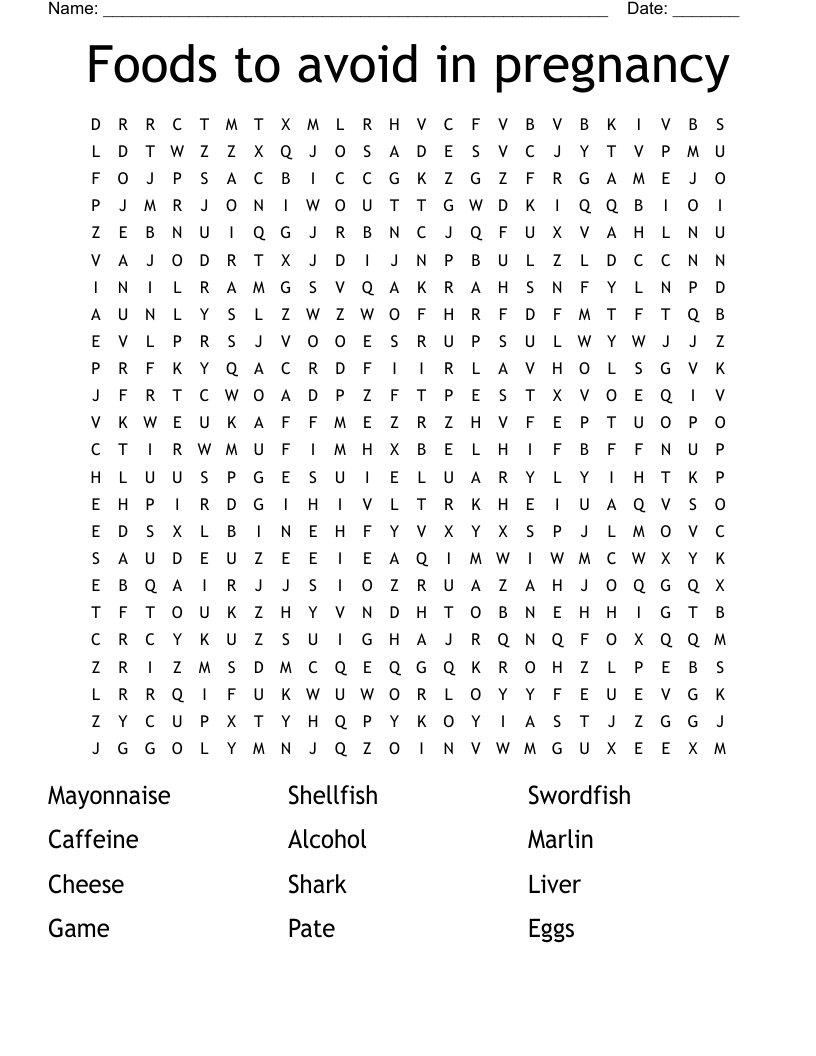 Foods to avoid in pregnancy Word Search