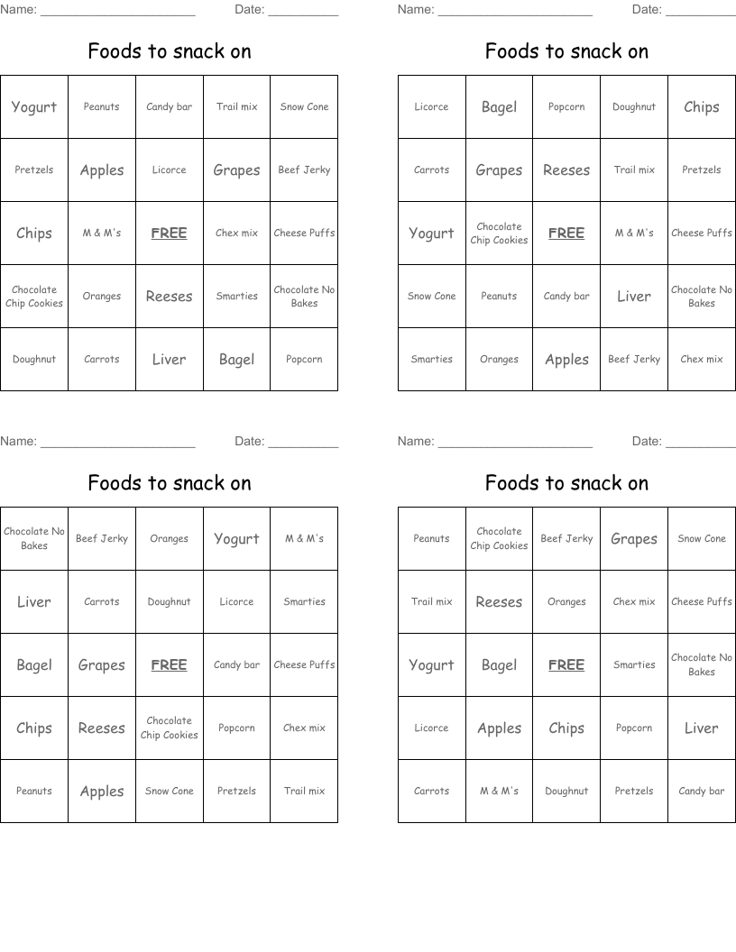 Foods to snack on Bingo Cards