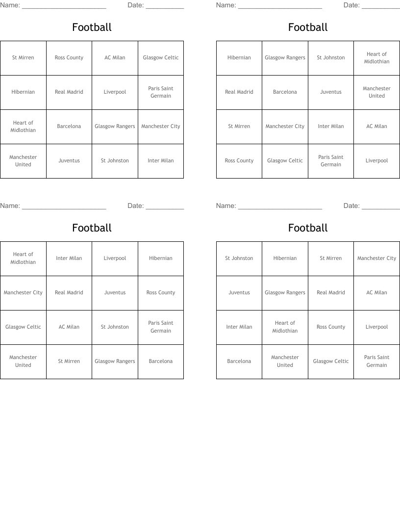 Football Bingo Cards