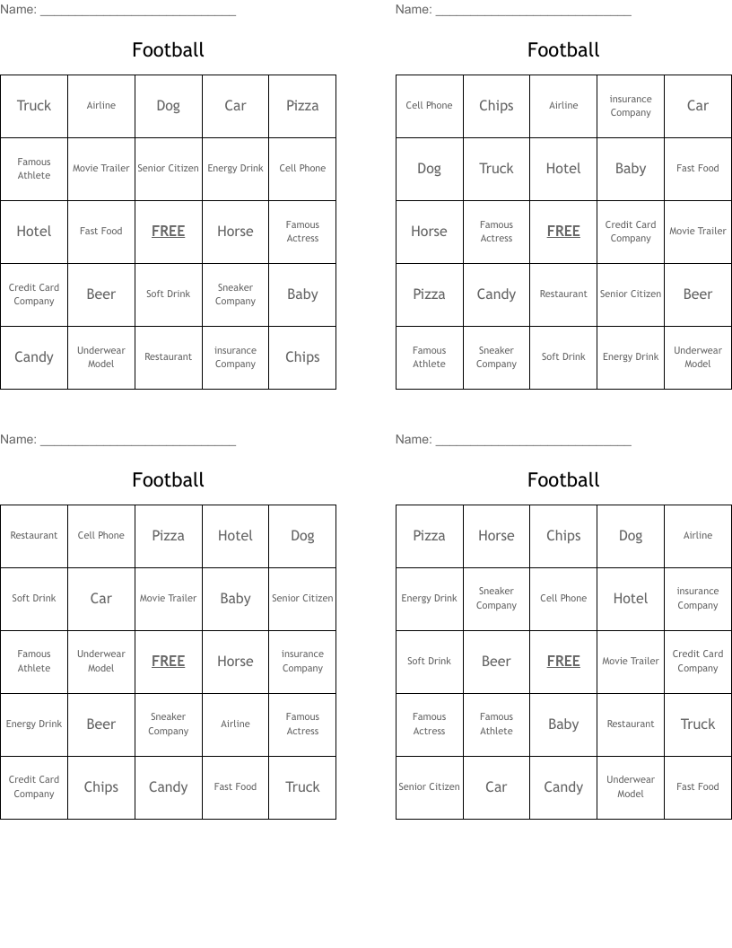Football Bingo Cards