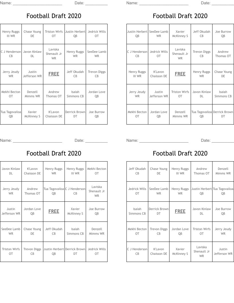Football Draft 2020 Bingo Cards