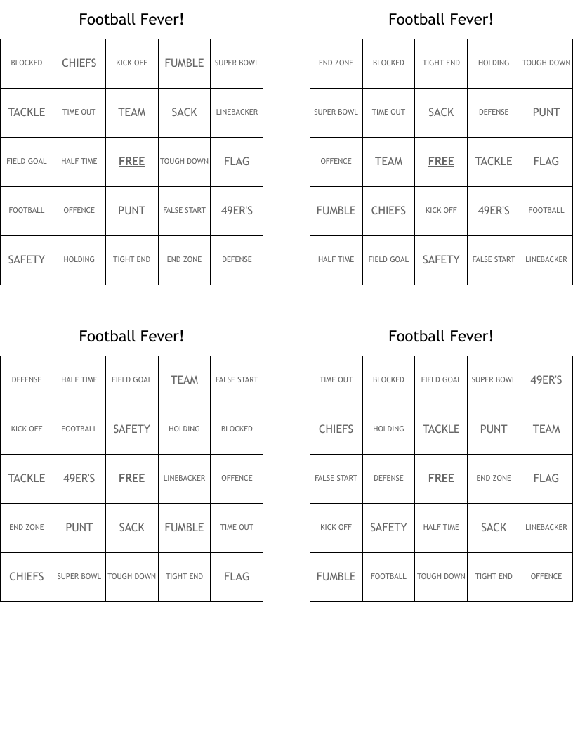 Football Fever! Bingo Cards