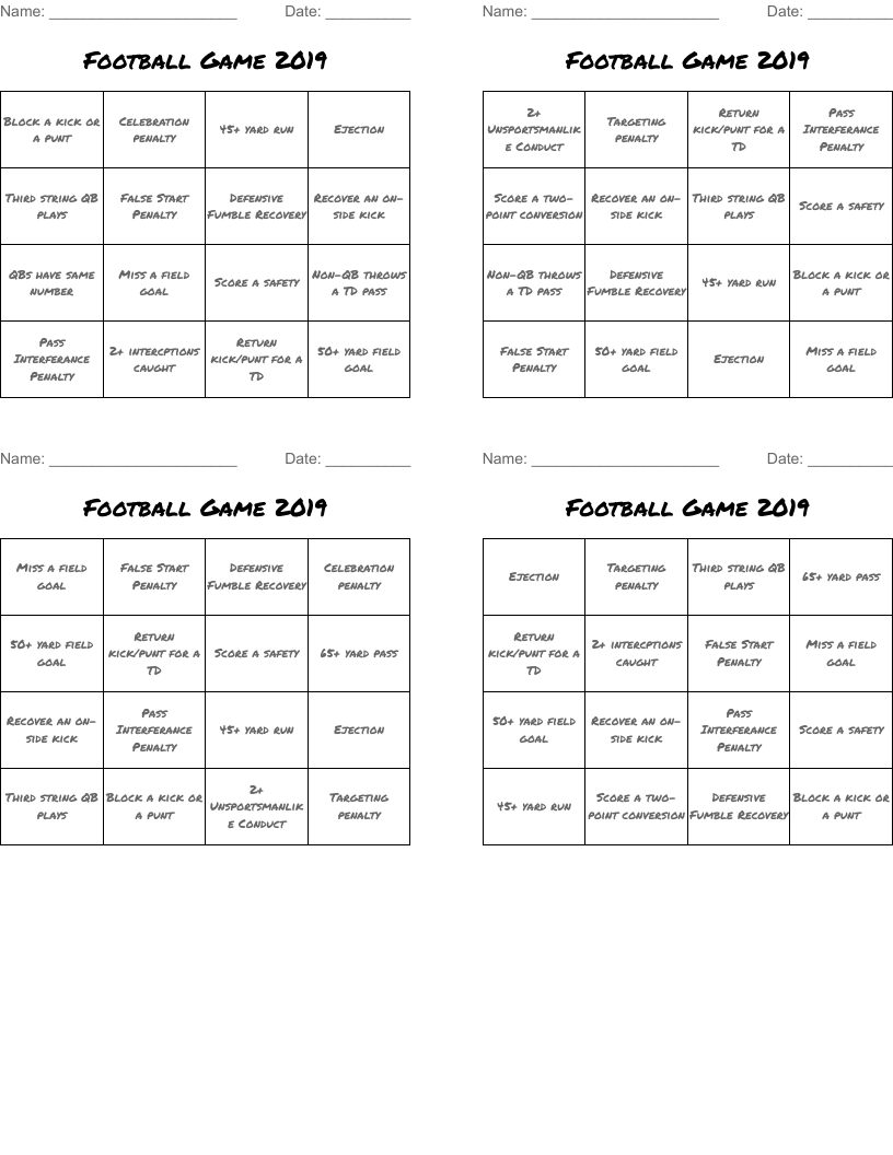 Football Game 2019 Bingo Cards