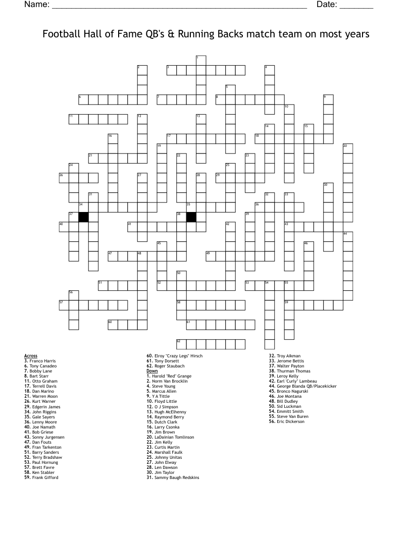 Football Hall of Fame QB's & Running Backs match team on most years Crossword