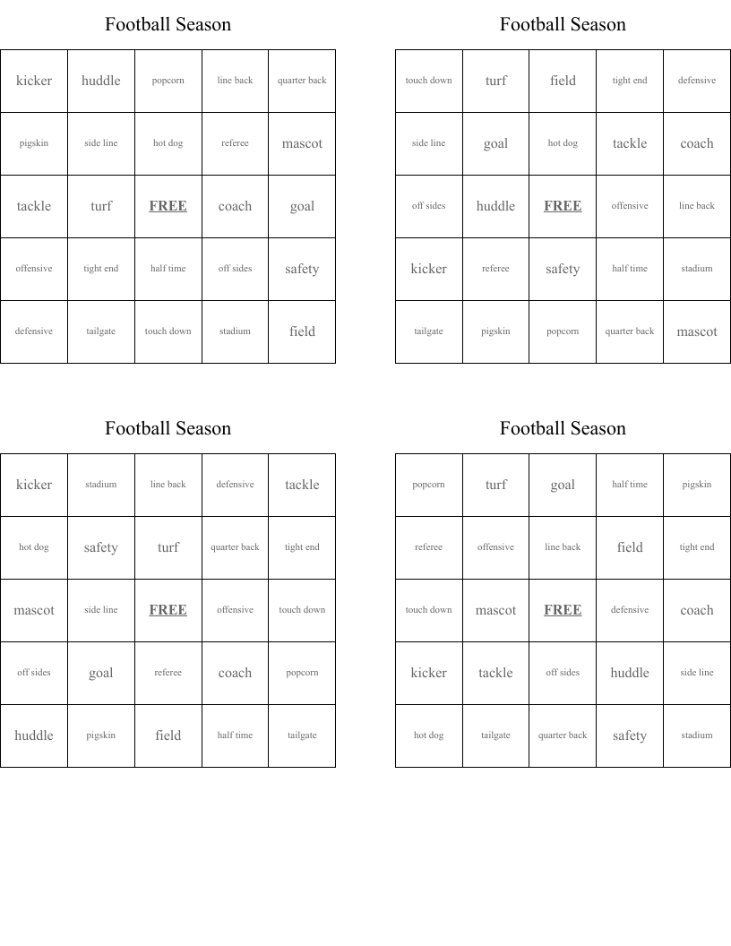 Football Season Bingo Cards