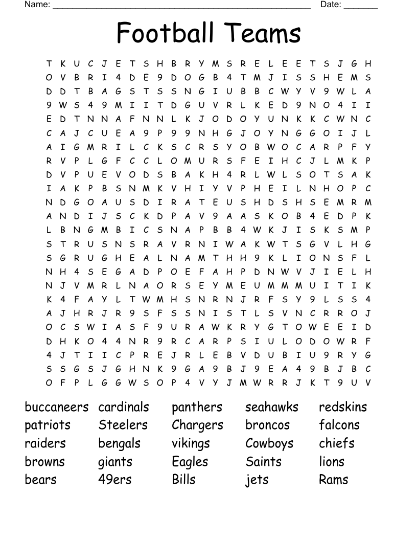 Football Teams Word Search