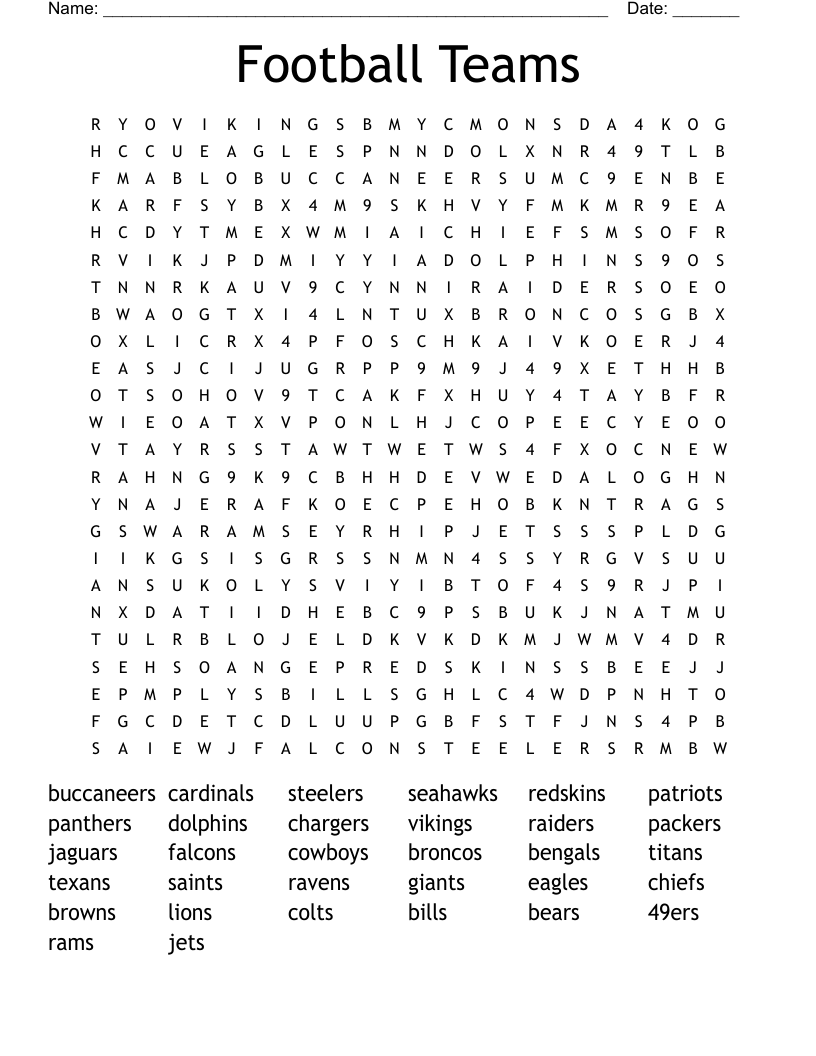 Football Teams Word Search