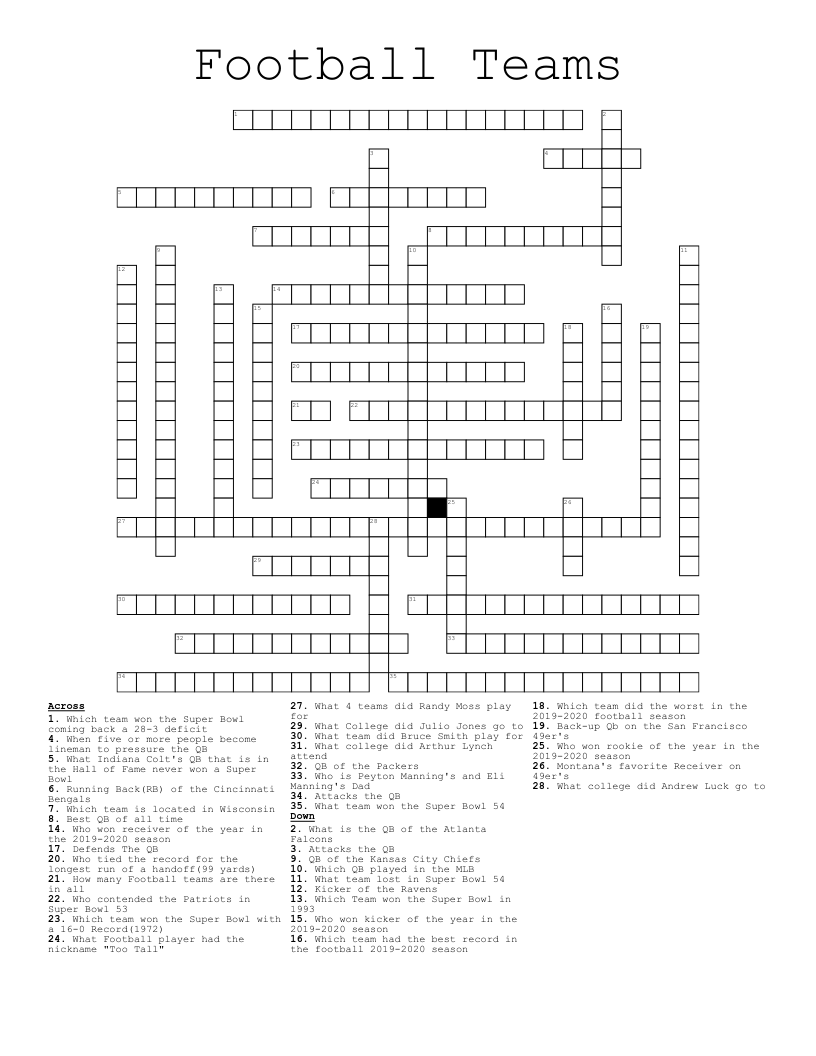 Football Teams Crossword