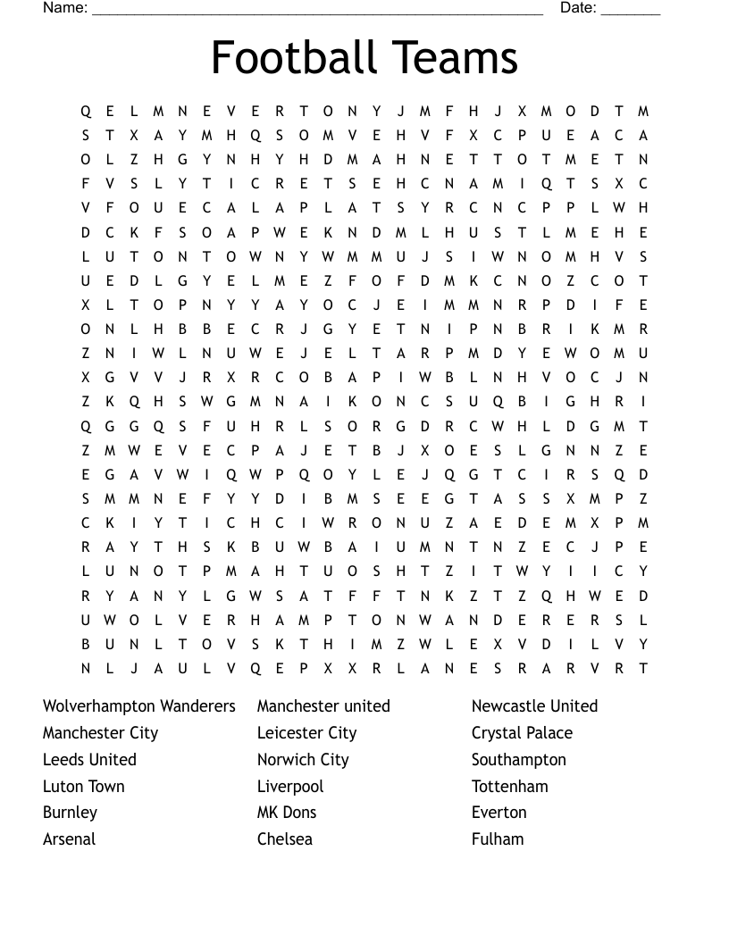 Football Teams Word Search